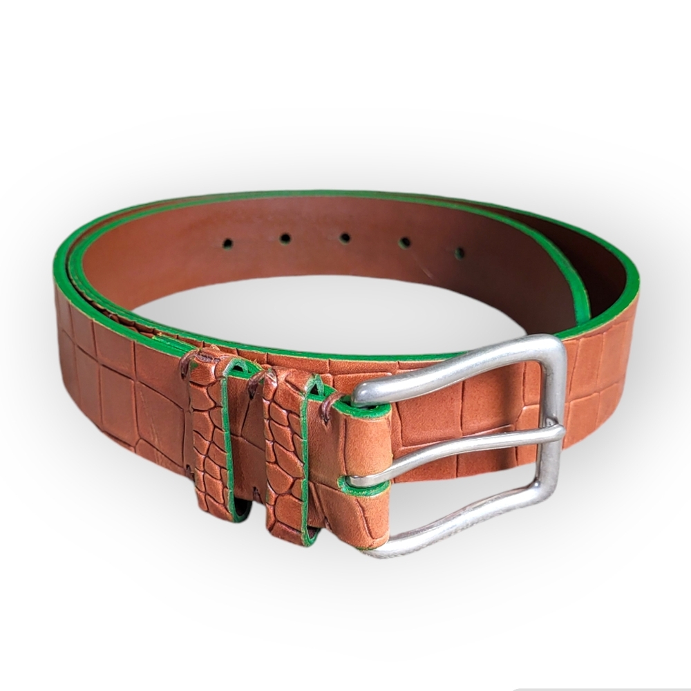 TORINO Italian Embossed Calf Leather Belt in Tan with Green Trim Size 34